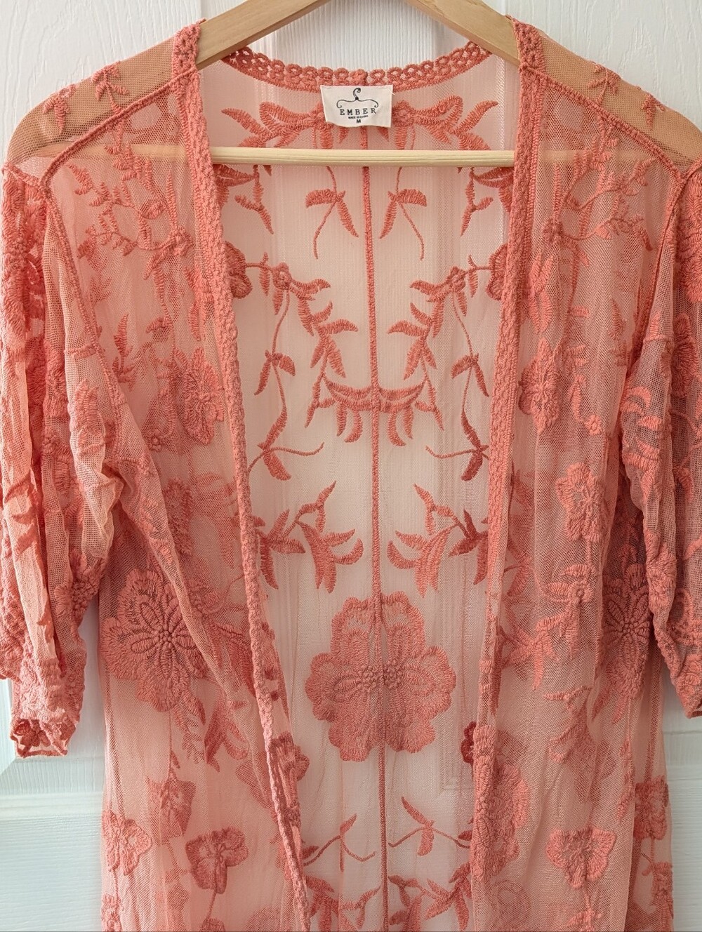🚢Discounted Shipping! Ember Coral Floral Embroidered Sheer Boho Chic Kimono